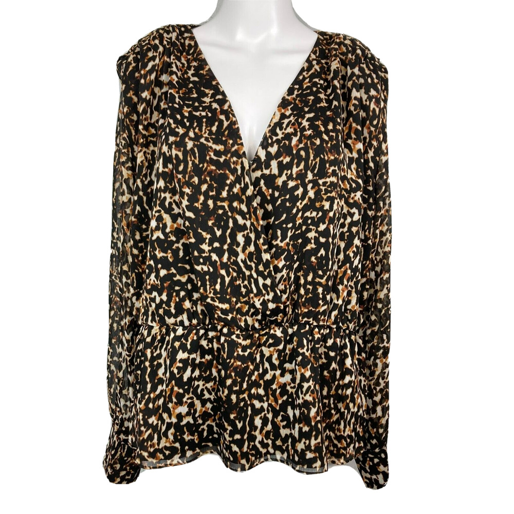 DKNY Shirt Womens Sz L Beige Black Leopard Surplice V Neck Peplum Top‎ Lined